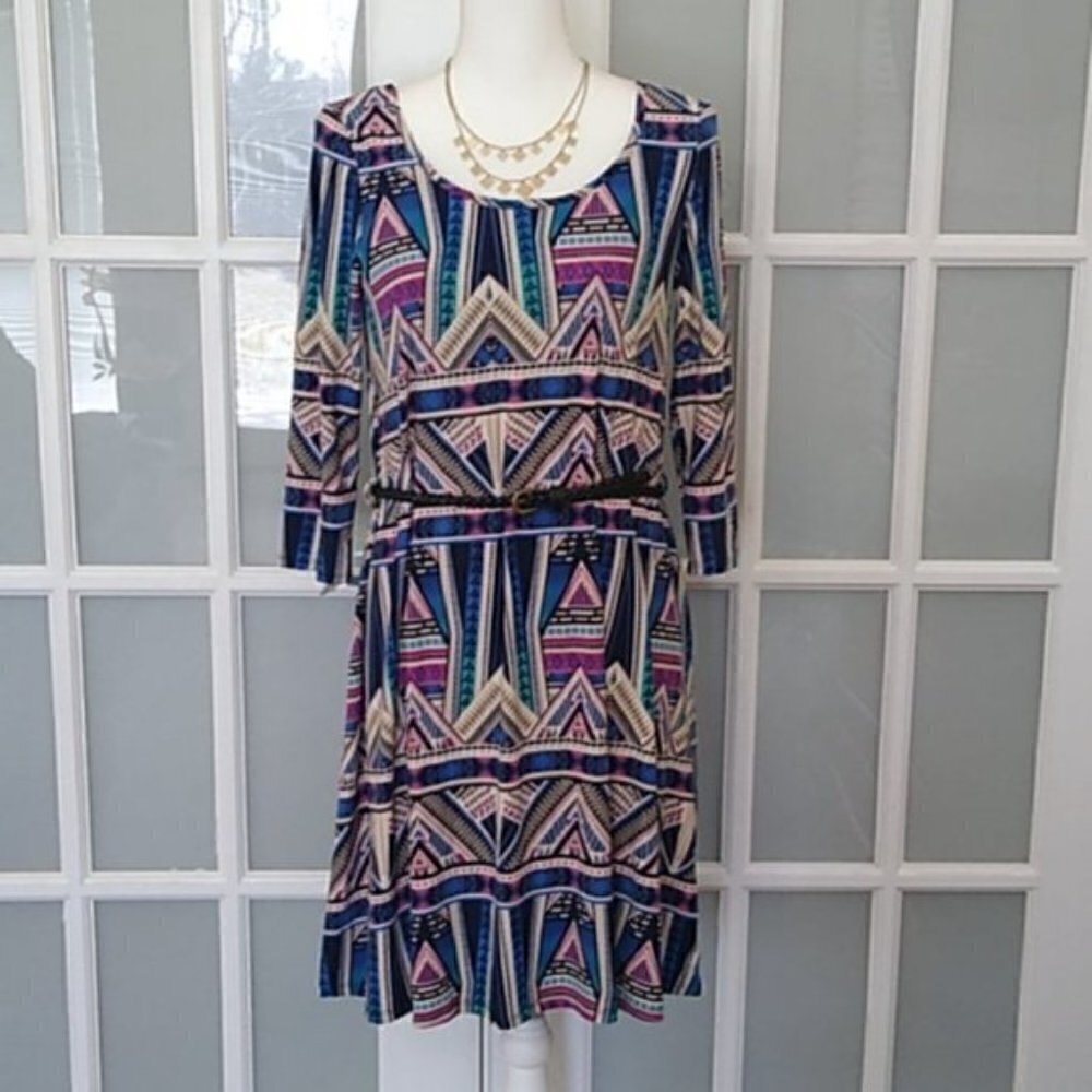 NEW PinkBlush Maternity Navy Tribal Belted Dress - Picture 3 of 15